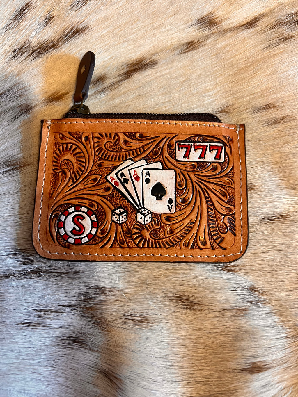 Tooled Leather & Hair-on-Hide Western Coin Purse – Lucky 777